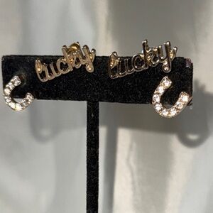 Gold Script 'Lucky' and Rhinestone Horseshoe Earrings 2 Pair